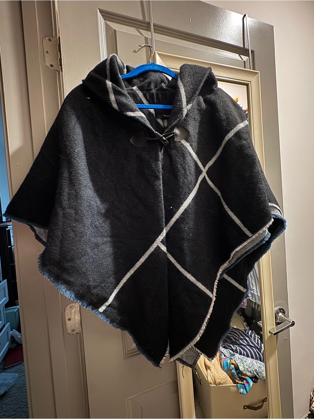 Poncho Coat with Windowpane Trim